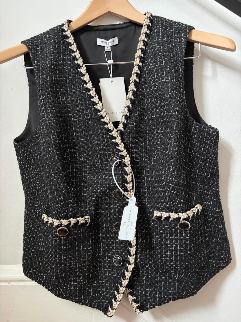 Petite Studio Black Tweed Vest with Ivory Trim Accents